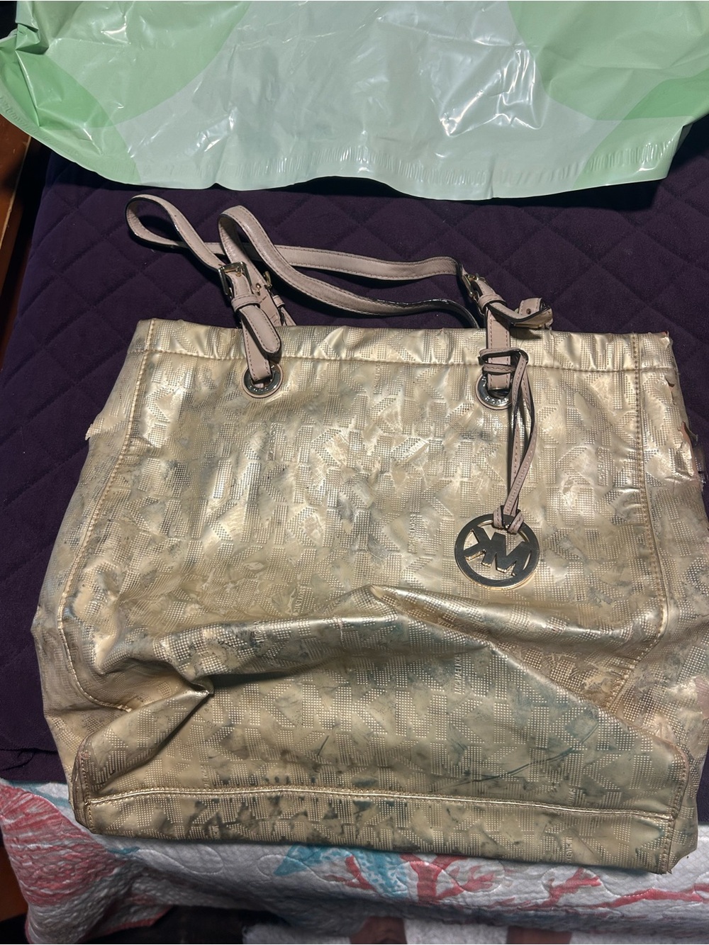 Michael Kors Metallic Gold Logo Tote with MK Charm